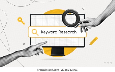 Trendy Halftone Collage Keyword Search. Hand holding magnifying glass to search website content by keywords. SEO marketing and advertising. Online Discovery. Contemporary vector illustration art