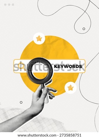 Trendy Halftone Collage Keyword Search. Hand holding magnifying glass to search website content by keywords. SEO marketing and advertising. Online Discovery. Contemporary vector illustration art