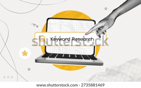 Trendy Halftone Collage Keyword Search. Laptop computer with website content search by keywords. SEO marketing and advertising. Online discovery. Contemporary vector illustration art