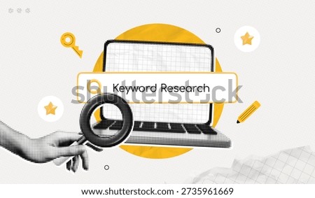 Trendy Halftone Collage Keyword Search. Hand holding magnifying glass to search website content by keywords. SEO marketing and advertising. Online Discovery. Contemporary vector illustration art