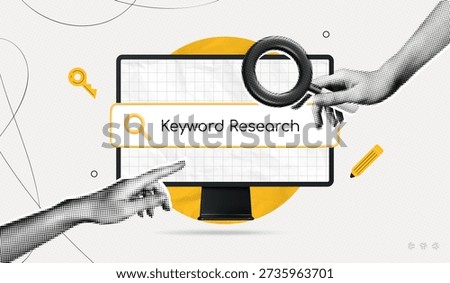 Trendy Halftone Collage Keyword Search. Hand holding magnifying glass to search website content by keywords. SEO marketing and advertising. Online Discovery. Contemporary vector illustration art
