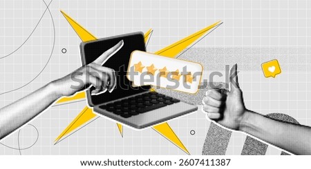 Trendy Halftone Collage Laptop with five star rating. Hand with thumbs up gesture. Online feedback or opinion. Quality review. Customer satisfaction survey. Contemporary vector illustration art