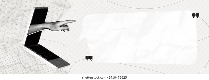 Trendy Halftone Collage Laptop with Hand pointing at speech bubble message. Empty space for text. Social media announcing promotion and marketing. Vector contemporary art. Modern banner illustration