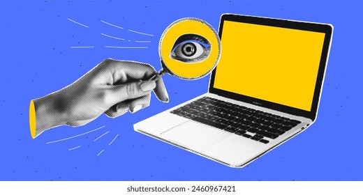 Trendy halftone collage with a laptop and a hand that holds a magnifying glass.