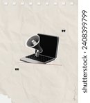 Trendy Halftone Collage Laptop with Megaphone. Social media promotions and marketing. Torn piece of note paper. Online news announcing. Doodle elements on retro poster. Contemporary vector art