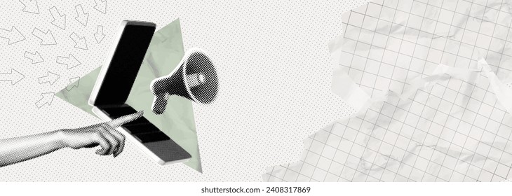 Trendy Halftone Collage Laptop with Megaphone, Hand and Torn Paper. Promotion banner with space for your design. Social media announcing and marketing. Online news. Concept of work and advertising