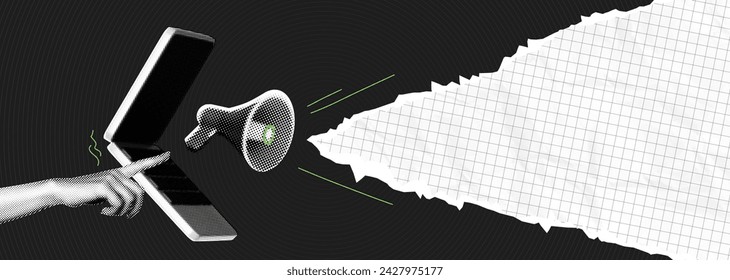 Trendy Halftone Collage Laptop with Megaphone and torn paper edge. Promotion banner with space for your design. Social media announcing and marketing. Online news. Concept of work and advertising