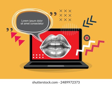 Trendy halftone collage with laptop. Online chat concept. Colorful vector design with mouth and speech bubble drawn in a continuous one line.