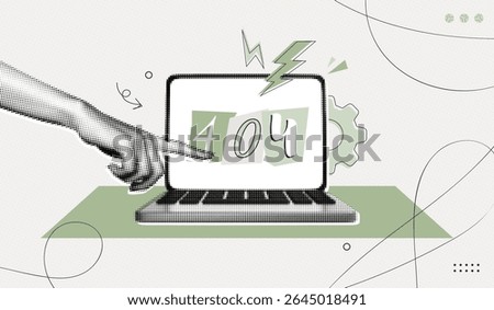 Trendy Halftone Collage Laptop screen with error 404. Page not found. System error, broken page. Hand pointing at computer with lost signal. Website message. Contemporary vector illustration art