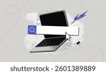 Trendy Halftone Collage Laptop with search bar and cursor. Cutout paper elements. Online search job. Seo marketing concept. Dotted pop art. Contemporary vector illustration art