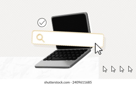 Trendy Halftone Collage Laptop with Search bar and cursor. Cutout paper elements. Online search job. Vector retro modern illustration. Dotted pop art style. Cutout magazine shapes