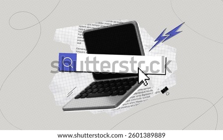 Trendy Halftone Collage Laptop with search bar and cursor. Cutout paper elements. Online search job. Seo marketing concept. Dotted pop art. Contemporary vector illustration art