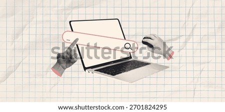 Trendy halftone collage with laptop search. Promotion retro banner with space for your art. Cut out hands, crumpled checkered paper. Vector.