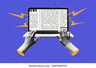 Trendy halftone collage with laptops and hands that print a newspaper on it. Modern vector design.