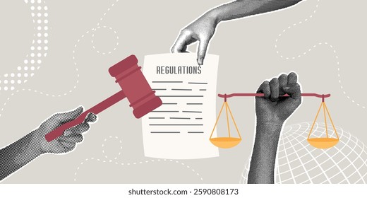 Trendy halftone collage. Legislation concept, regulations, rules, law, authority, legal document, verdict. Hands holding a gavel with scales and regulation document