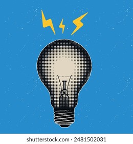 Trendy halftone collage of lightbulb symbol of idea, creativity drip. Creative idea concept. Business solutions and strategy. Creative mind or brainstorm. Marketing time. Vector illustration. 