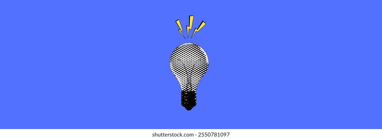 Trendy halftone collage of lightbulb symbol of idea, creativity drip. Creative idea concept. Business solutions and strategy. Creative mind or brainstorm. Marketing time. Vector illustration.