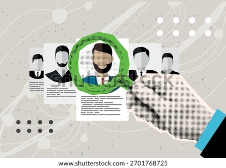 Trendy Halftone Collage with line. Template for banner, poster, applying for job, giving CV, job competition. Vector illustration. Contemporary art. Vector