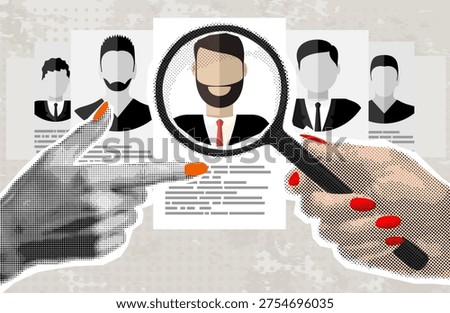 Trendy Halftone Collage with line. Template for banner, poster, applying for job, giving CV, job competition. Vector illustration. Contemporary art. Vector