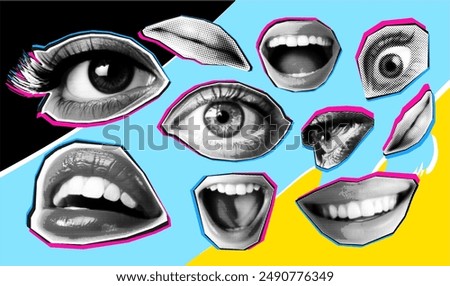 Trendy halftone collage lips and eyes sticker set retro. Vintage contemporary vector illustration style cut out from a magazine, halftone elements for collage grain effect and stippling, dots texture