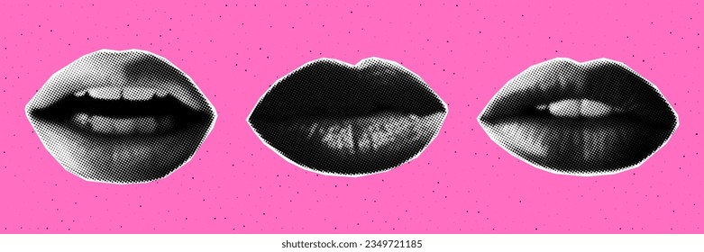 Trendy halftone collage lips set. Contemporary grunge style. Retro vector illustration.