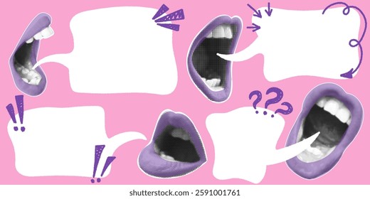 Trendy halftone collage lips with speech bubbles. Set of retro style halftone screaming mouths. Great for advertising banner for sale, promotion and marketing