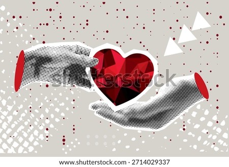 Trendy Halftone Collage love in a couple, hand with heart, hands of a couple, commitment in a couple, mutual love, taking heart, day of love, collage art