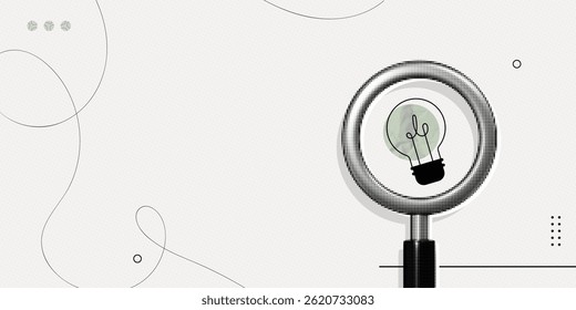 Trendy Halftone Collage Magnifying glass and lightbulb. Study and education concept. Creative vision and thinking. Business insights and solutions. Find target. Contemporary vector illustration art