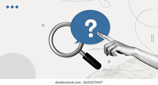 Colagem de meio-tom na moda Lupa de vidro e fala bolha mensagem com ponto de interrogação. Análise de problemas. Encontre solução ou resposta no fórum. Perguntas frequentes. Arte de ilustração vetorial contemporânea