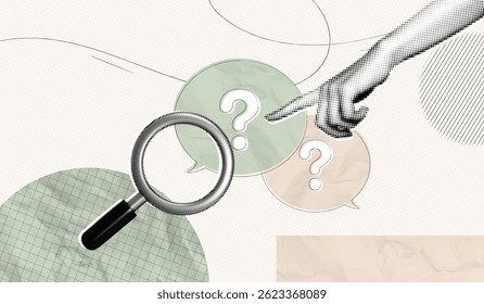 Trendy Halftone Collage Magnifying glass and speech bubble messages with question mark. Problem analysis. Find solution or answer on forum. FAQ frequently. Contemporary vector illustration art