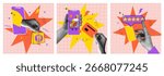 Trendy Halftone Collage man Hand holds Phone giving gold five star rating feedback. Best score point to review service. Hand holding mobile smart phone with delivery food app. Order food online.