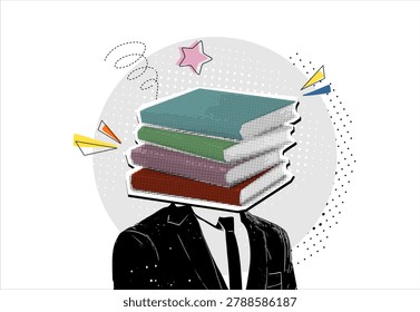 Trendy Halftone Collage,  man with a head made of books against. Concept of  baggage of knowledge.