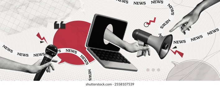 Trendy Halftone Collage with Megaphone, Laptop and Hands. Social media news and propaganda. Loudspeaker and microphone. Pop art design. Journalism and interview. Contemporary vector illustration art