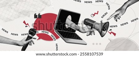 Trendy Halftone Collage with Megaphone, Laptop and Hands. Social media news and propaganda. Loudspeaker and microphone. Pop art design. Journalism and interview. Contemporary vector illustration art