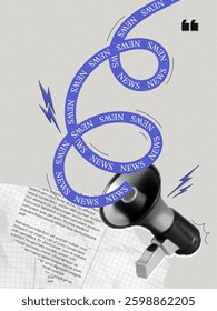 Trendy Halftone Collage Megaphone with news text ribbon. Social media propaganda and information. Loudspeaker with attention message. Public event. Paper elements. Contemporary vector illustration art