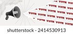 Trendy Halftone Collage Megaphone with torn paper edge and flow of word vote. Social media announcing and promotions. Online news. Contemporary art. Campaign illustration. American president elections