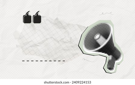 Trendy Halftone Collage Megaphone with torn notebook paper. Social media marketing and promotions. Quote frame blank. Announcing message. Online news. Vector contemporary art. Modern illustration