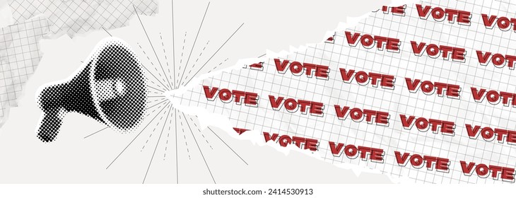 Trendy Halftone Collage Megaphone with torn paper edge and flow of word vote. Social media announcing and promotions. Online news. Contemporary art. Campaign illustration. American president elections