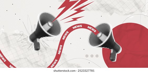 Trendy Halftone Collage Megaphones with news. Social media propaganda and information. Loudspeaker with attention message. Public event. Paper elements. Contemporary art vector illustration