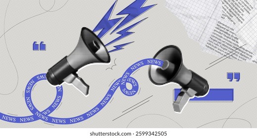 Trendy Halftone Collage Megaphones with news. Social media propaganda and information. Loudspeaker with attention message. Public event. Paper elements. Contemporary vector illustration art