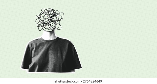 Trendy Halftone Collage Mental problem. Person with scribbles instead of head like thoughts, fear, chaos, confusing process. Mental health concept banner with copy space. Contemporary pop art vector
