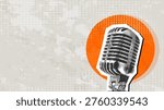Trendy Halftone Collage microphone on half tone background with space for text or advertisement. Concept of interview and advertisement.
