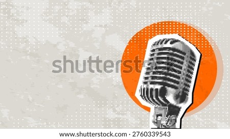 Trendy Halftone Collage microphone on half tone background with space for text or advertisement. Concept of interview and advertisement.
