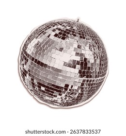 Trendy halftone collage of a mirror disco ball cut out an old newspaper. Isolated vector illustration grayscale retro sticker with Bitmap and Dots texture. Vintage aesthetic, 80s - 90s vibe, nostalgic