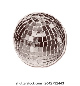Trendy halftone collage of a mirror disco ball cut out an old newspaper. Isolated vector illustration grayscale retro sticker with Bitmap and Dots texture. Vintage aesthetic, 80s - 90s vibe, nostalgic