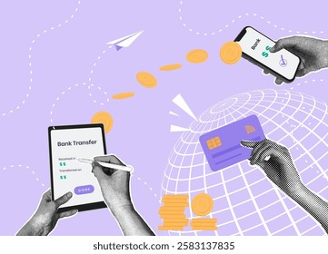 Trendy halftone collage. Mobile payment concept, transfer money to card,payment, transfer money wirelessly. Online banking