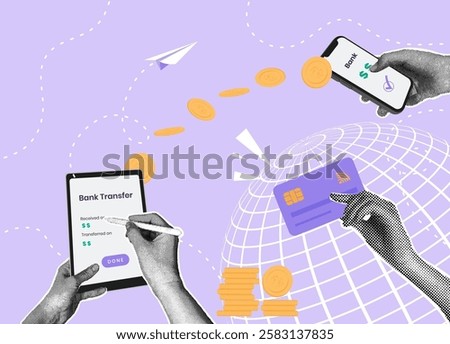 Trendy halftone collage. Mobile payment concept, transfer money to card,payment, transfer money wirelessly. Online banking