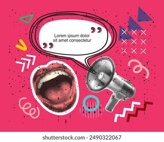 Trendy Halftone Collage with mouth screaming into a megaphone and speech bubble drawn in one line. Social media marketing and promotions. Contemporary art. Empty space for quote, plan and idea. Vector