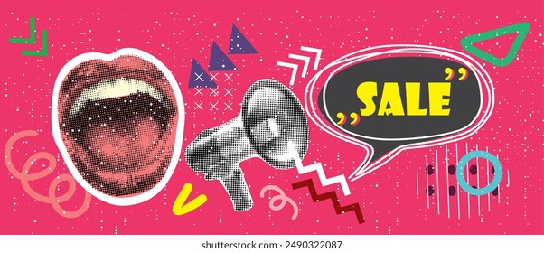 Trendy Halftone Collage with mouth screaming into a megaphone and speech bubble drawn in one line. Social media marketing and promotions. Contemporary art. Empty space for quote, plan and idea. Vector