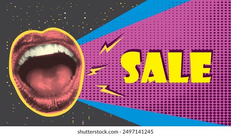 Trendy Halftone Collage with mouth screaming SALE. Social media marketing and promotions. Contemporary art. Empty space for quote, plan and idea. Vector